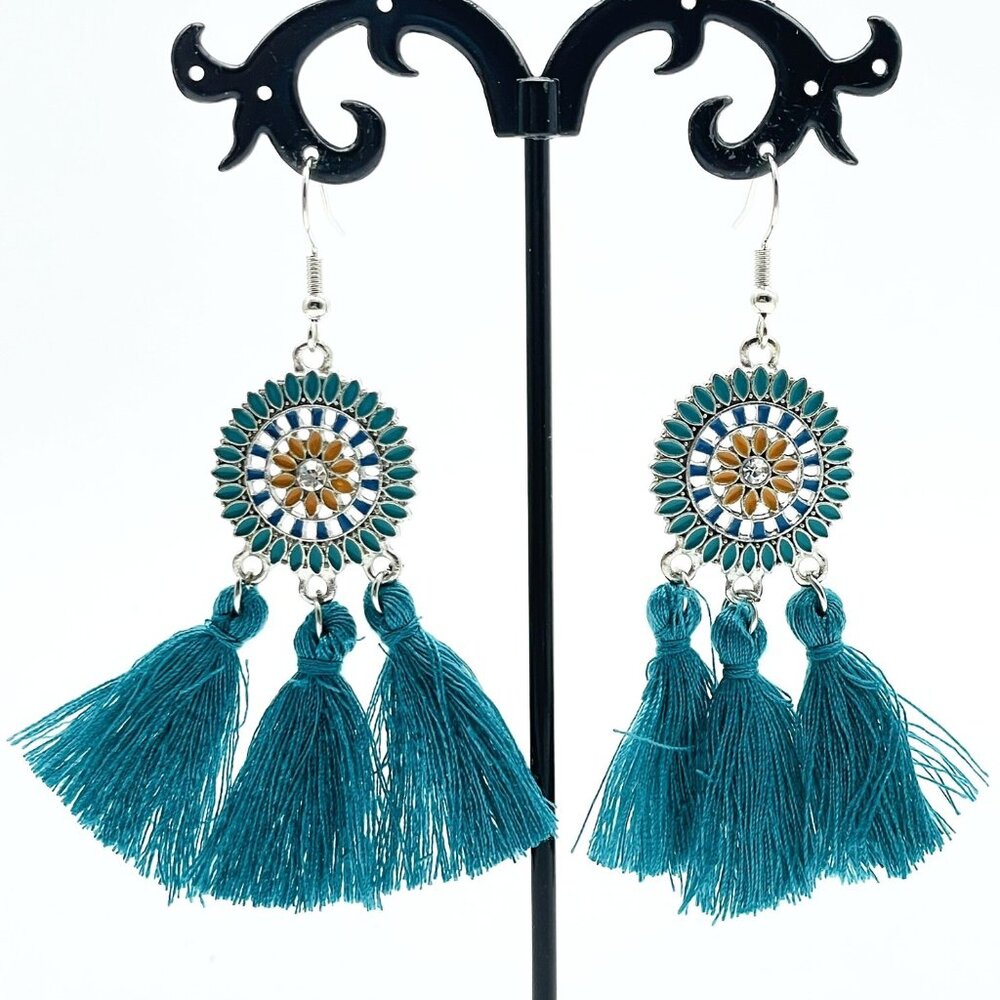 Fringe Pierced Earrings Teal Medallion Silver Tone Ethnic Native Tribal SW